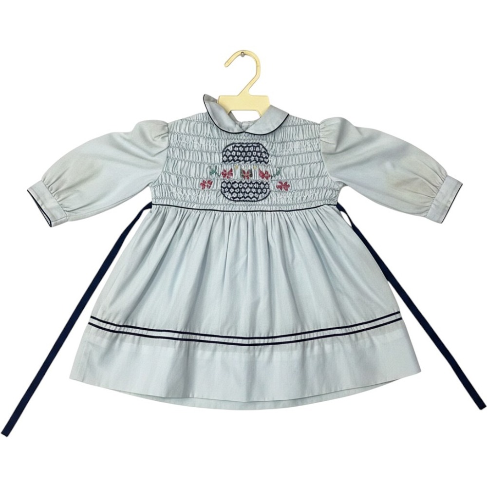 Vintage Polly Flinders Hand Smocked Dress Blue Floral Embroidery T2 cottage